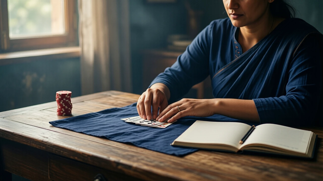 An Indian woman in her thirties at a wooden desk in soft afternoon light from the left, seen in three-quarter view, laying a few playing cards face up on a navy cloth beside an open paper notebook with a pencil, a short stack of red chips at the edge of the desk
