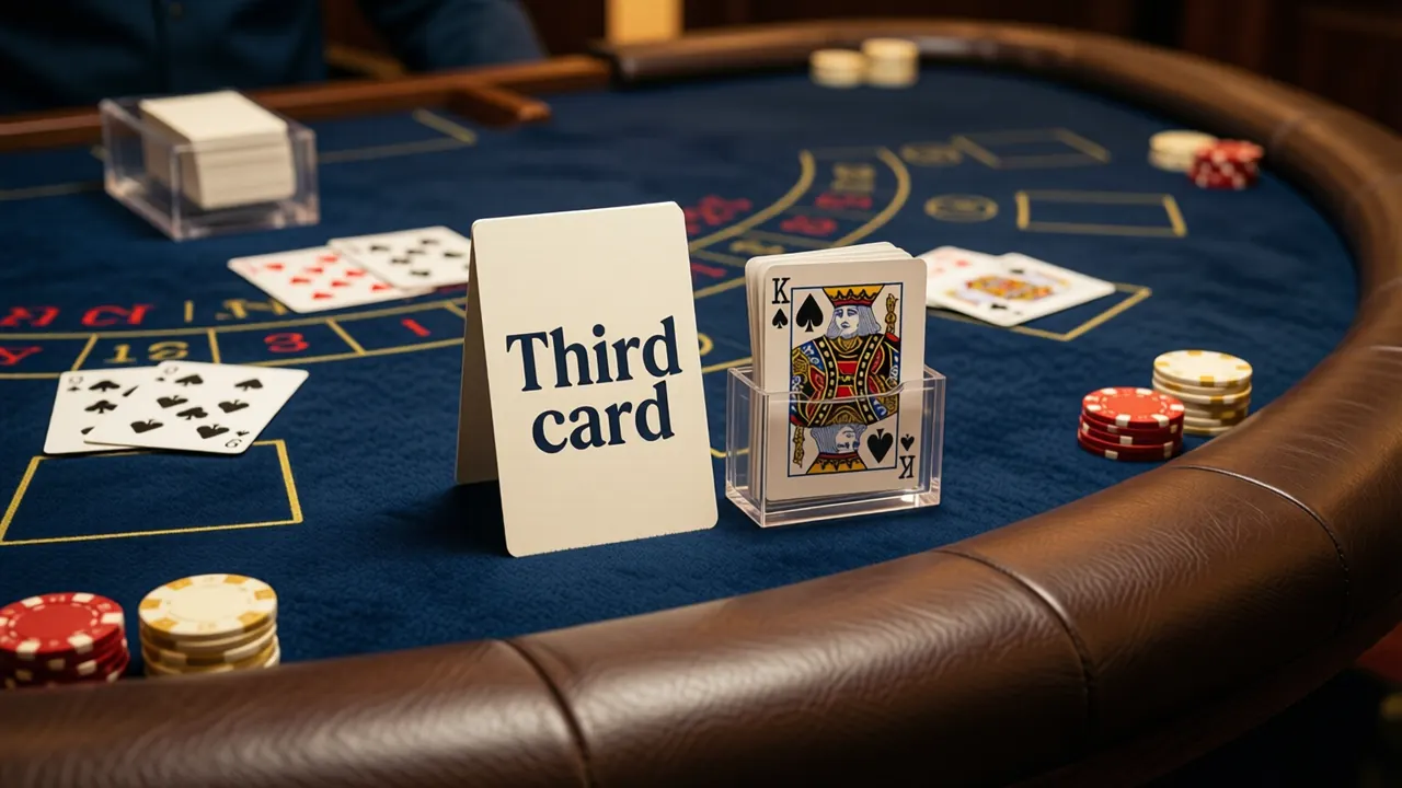 A printed ivory card standing upright on plain unmarked deep navy baize, the words "Third card" printed large in dark navy letters across its middle, beside it a clear acrylic card shoe with one playing card half drawn out of its slot, warm overhead light, shallow depth of field