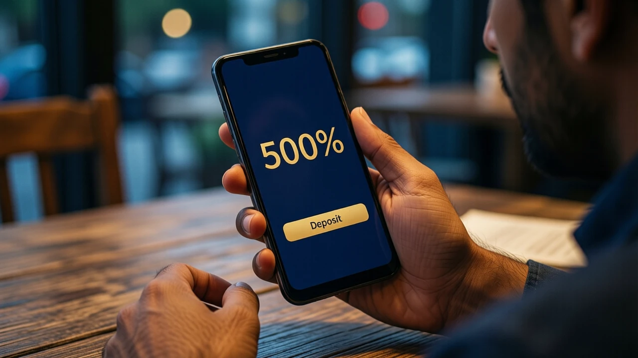 An Indian man in his thirties at a café table in evening light, seen in three-quarter view, holding one Android phone at chest height with its screen angled toward us, the screen deep navy with the large number "500%" in gold and one wide gold button below it with the word "Deposit" printed on the button itself, only one person and one phone in the picture