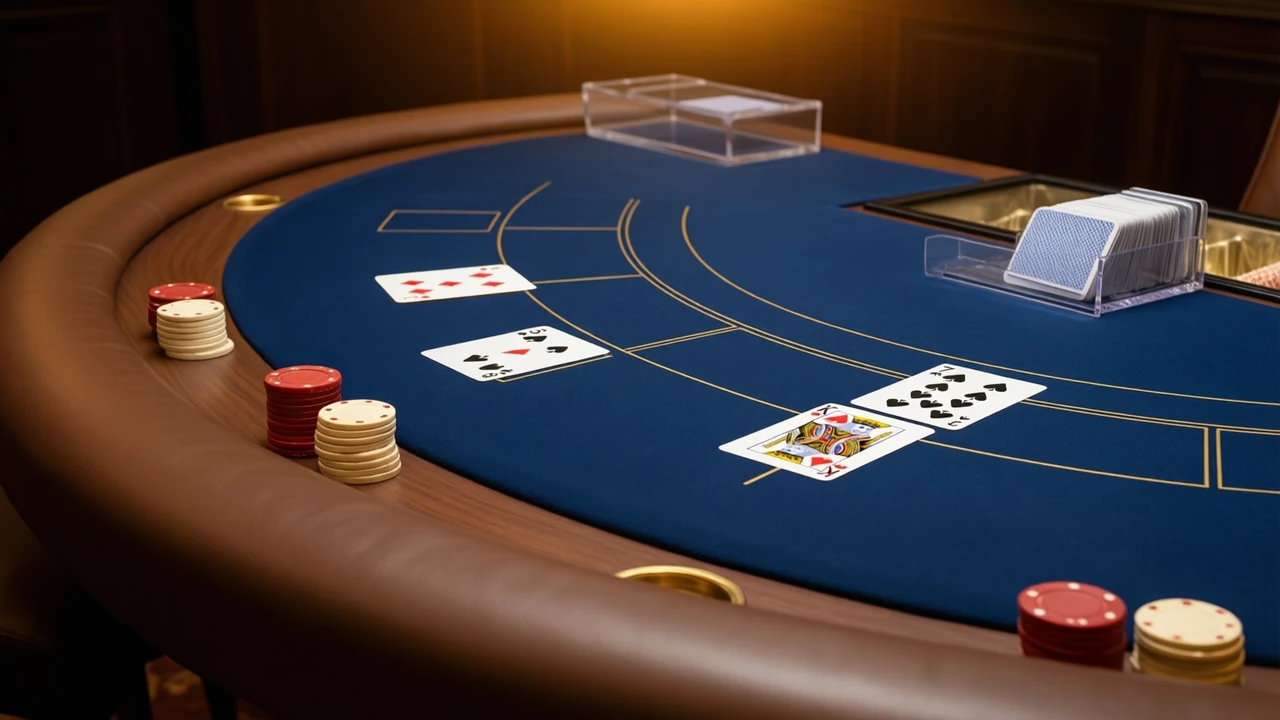 A low view across a baccarat table from the player's seat, deep navy baize with thin gold printed lines, a brown padded leather rail curving across the foreground, two small groups of face-up playing cards on the felt, a 4 and a 5 on the left, a king and a 7 on the right, short stacks of red and ivory chips beside them, a clear acrylic card shoe at the far edge, warm overhead light