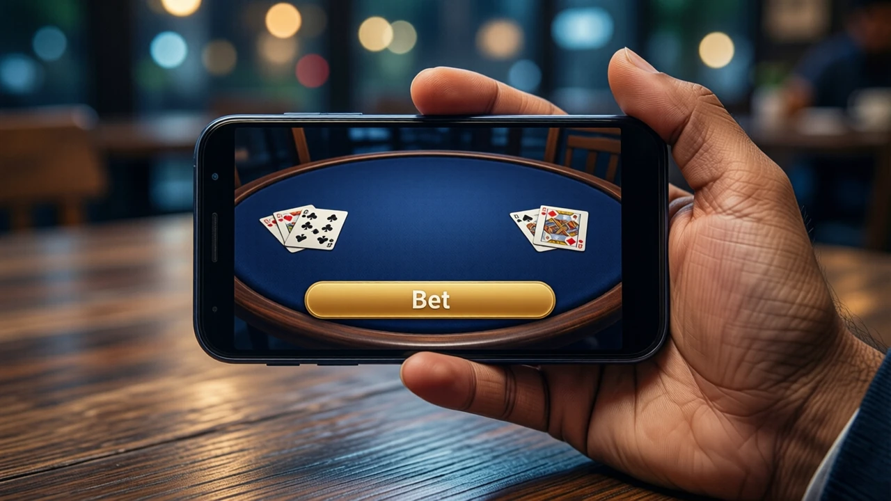 Close-up of an Indian man's hand holding one Android phone over a café table at night, only one phone in the picture, the phone screen showing a deep navy card table with two face-up playing cards on each side and one wide gold button across the bottom with the word "Bet" printed on the button itself, the screen plain black edge to edge around the table