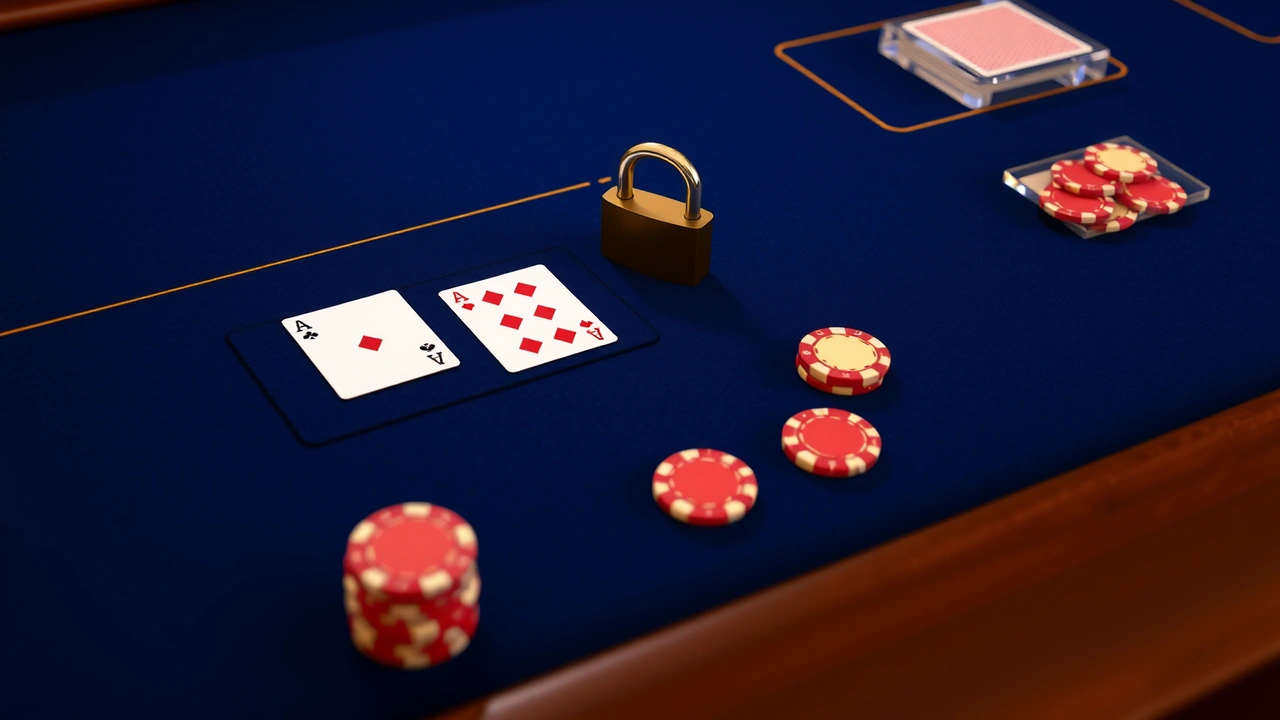 A closed brass padlock, shackle locked shut, resting on a folded deep navy cloth on a wooden table beside two face-down playing cards with red patterned backs, warm side light