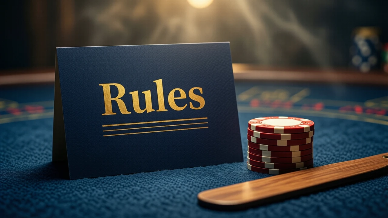 A printed card on deep navy baize with the single word "Rules" in large gold letters at the top and three short gold lines under it, a short stack of red and ivory casino chips beside the card, warm overhead light